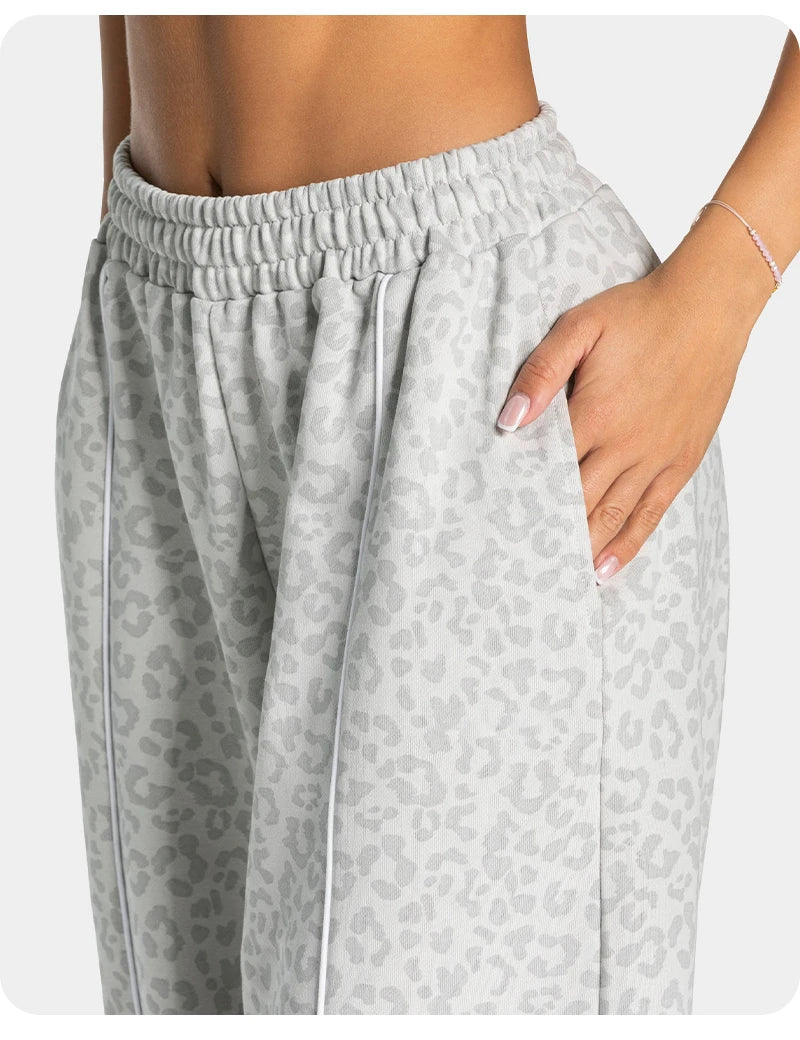 Women High Elastic Leopard Print Yoga Pants Loose Wide Leg Fitness Workout Pants Butt Lifting Slim Casual Sports Trousers