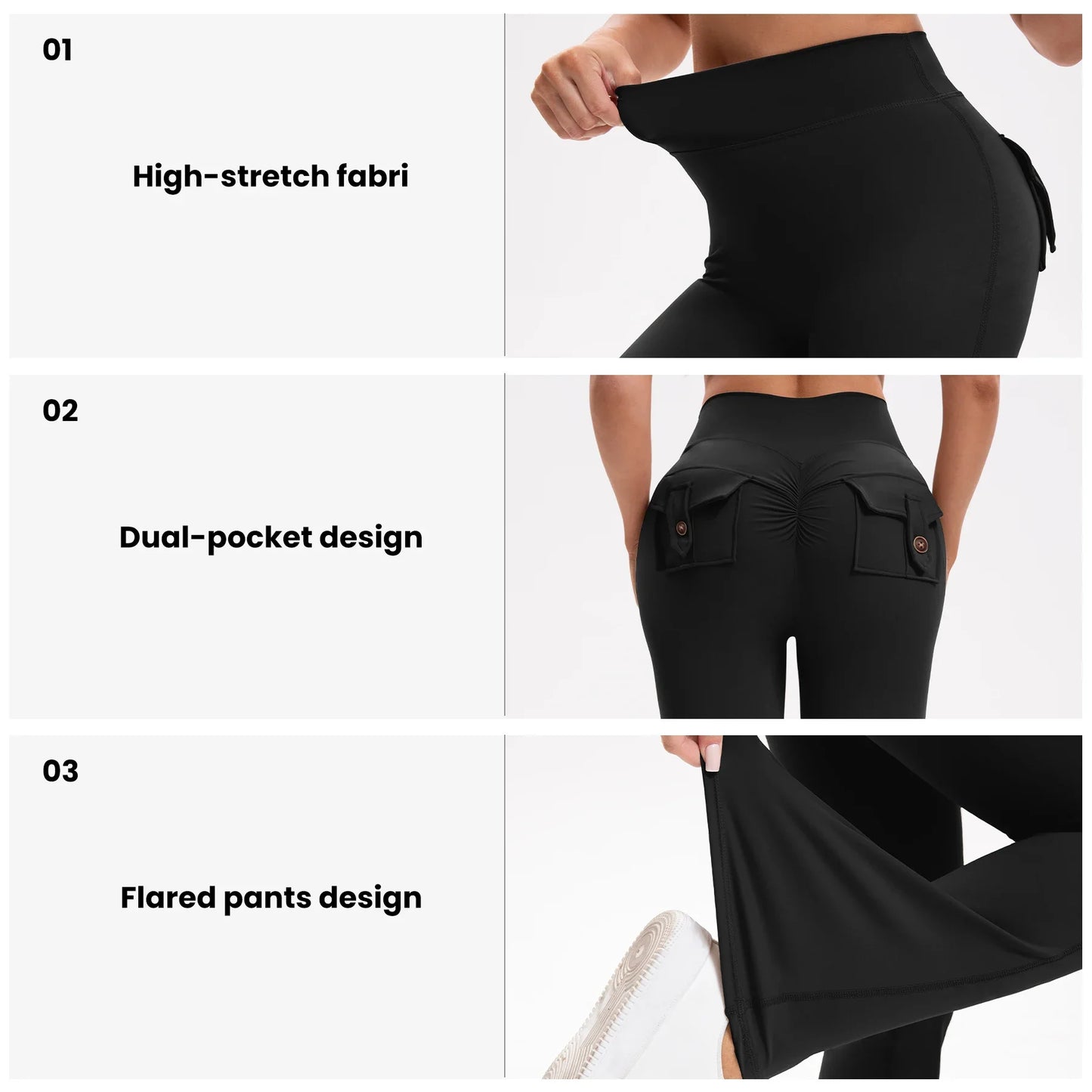 3pcs Curve Enhancing Yoga Pants Flared Bootcut High Waist Button Pockets Stretchy Breathable Workout Trousers Comfort Fit