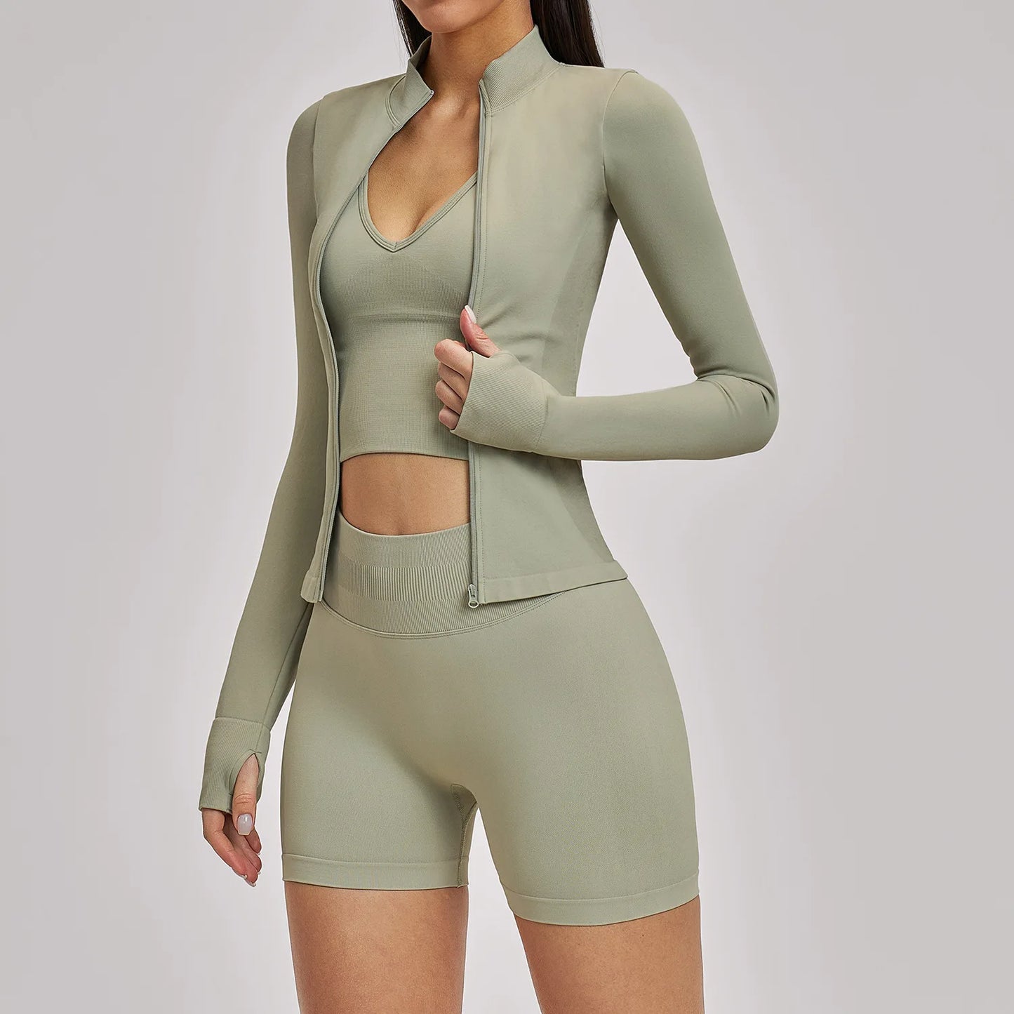 Seamless 3PCS Yoga Suit Sports Set Women Yoga Tracksuit Gym Running Workout Clothes Zipper Long Sleeve Sports Bra Athletic Wear