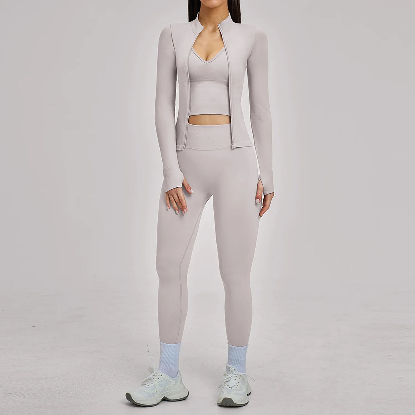 Seamless 3PCS Yoga Suit Sports Set Women Yoga Tracksuit Gym Running Workout Clothes Zipper Long Sleeve Sports Bra Athletic Wear