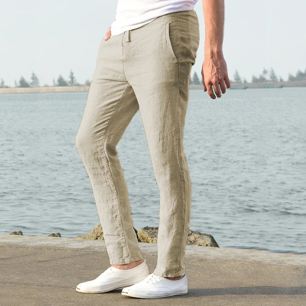 2025 Men Cotton Linen Casual Pants Baggy Streetwear Men Joggers Sports Trousers Solid Color Long Straight Trendy Pants for Men