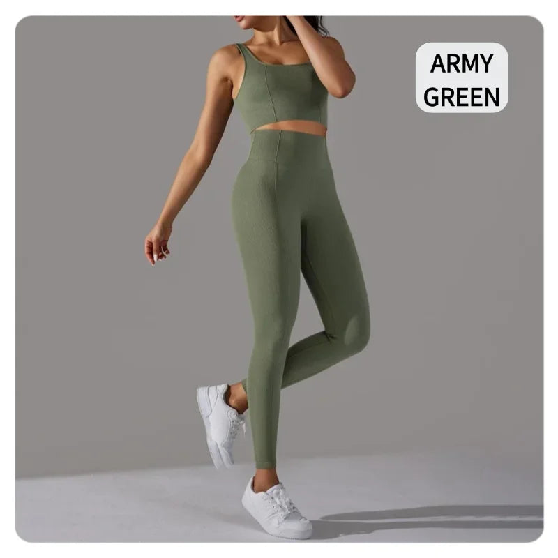2 Piece Gym Outfits for Women Sporty Yoga Clothes Leggings with Seamless High Elasticity Crop Top Sports Bra Set MIML