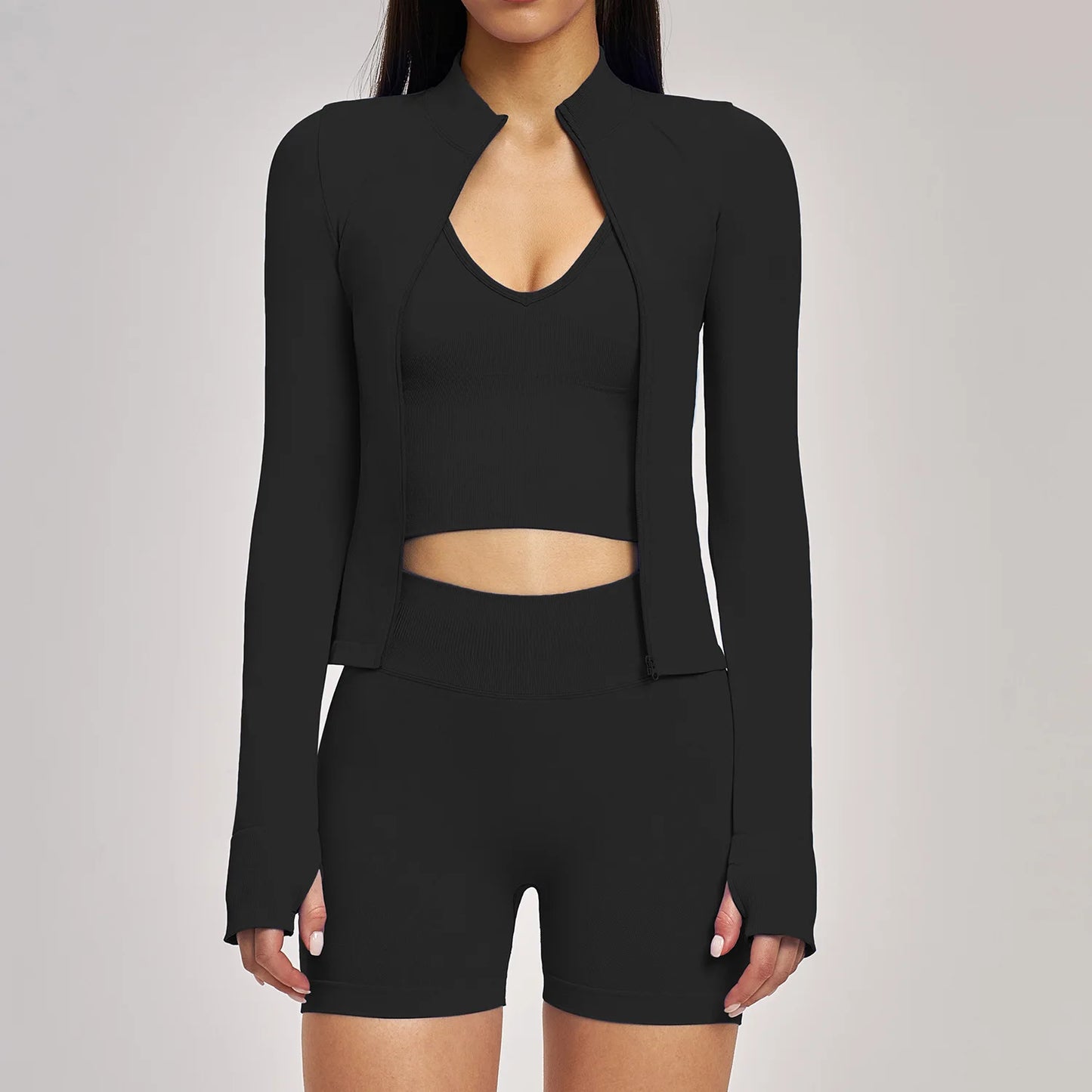Seamless 3PCS Yoga Suit Sports Set Women Yoga Tracksuit Gym Running Workout Clothes Zipper Long Sleeve Sports Bra Athletic Wear