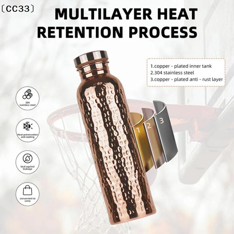 800ML Electroplated Copper Water Bottle One-Click Open Lid Anti-Slip Hammer Pattern Bottle Sports Water Bottle〔CC33〕