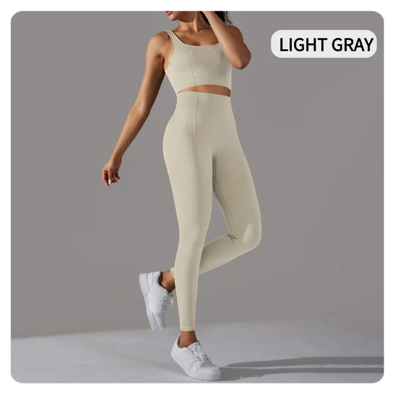 2 Piece Gym Outfits for Women Sporty Yoga Clothes Leggings with Seamless High Elasticity Crop Top Sports Bra Set MIML