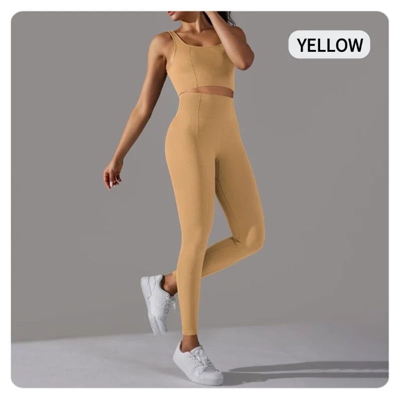 2 Piece Gym Outfits for Women Sporty Yoga Clothes Leggings with Seamless High Elasticity Crop Top Sports Bra Set MIML