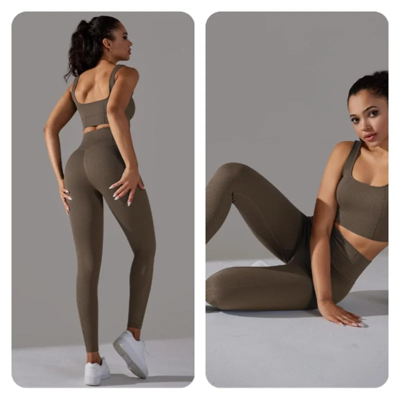 2 Piece Gym Outfits for Women Sporty Yoga Clothes Leggings with Seamless High Elasticity Crop Top Sports Bra Set MIML