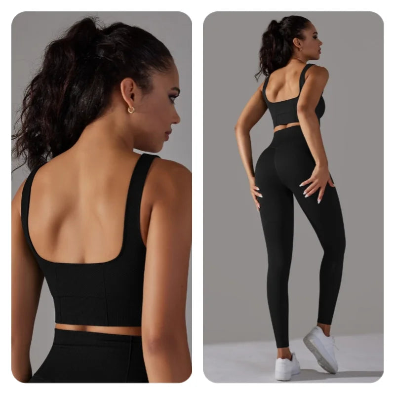2 Piece Gym Outfits for Women Sporty Yoga Clothes Leggings with Seamless High Elasticity Crop Top Sports Bra Set MIML