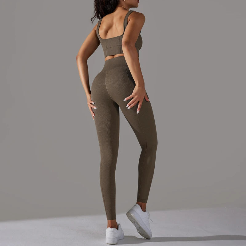 2 Piece Gym Outfits for Women Sporty Yoga Clothes Leggings with Seamless High Elasticity Crop Top Sports Bra Set MIML