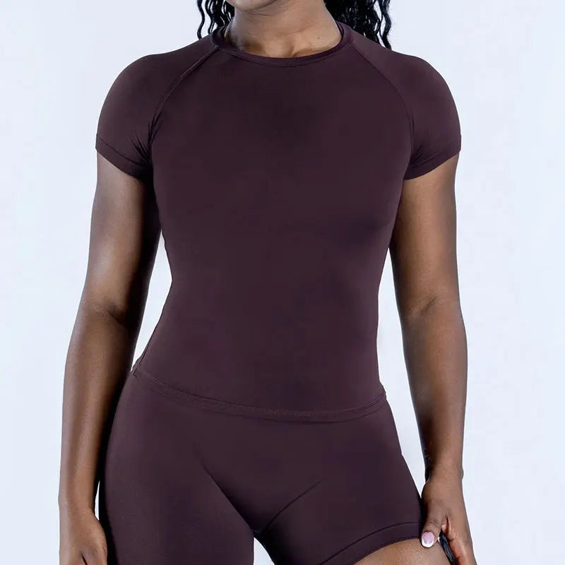 NoLogo Women Yoga Set Seamless Short Sleeve Sports Top High Waist Biker Shorts Fitness Gym Workout Activewear Set