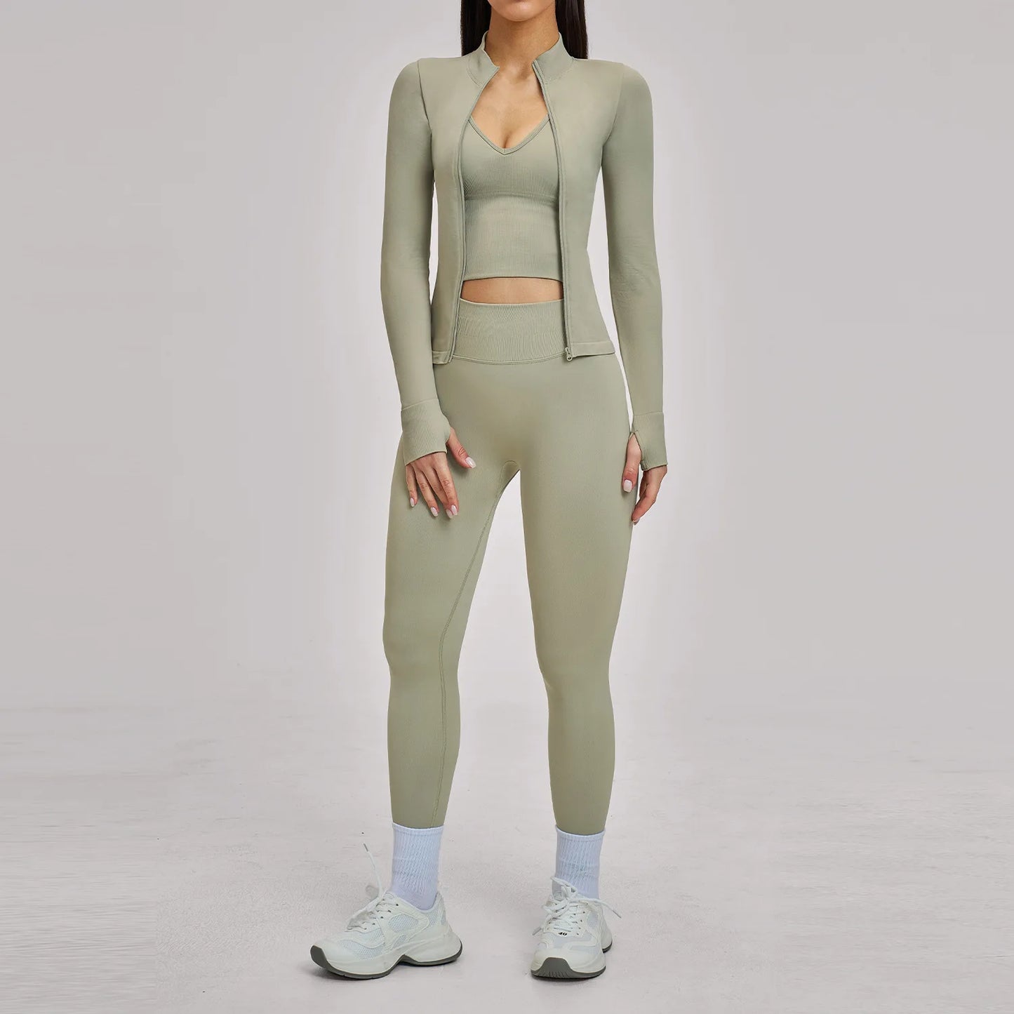 Seamless 3PCS Yoga Suit Sports Set Women Yoga Tracksuit Gym Running Workout Clothes Zipper Long Sleeve Sports Bra Athletic Wear