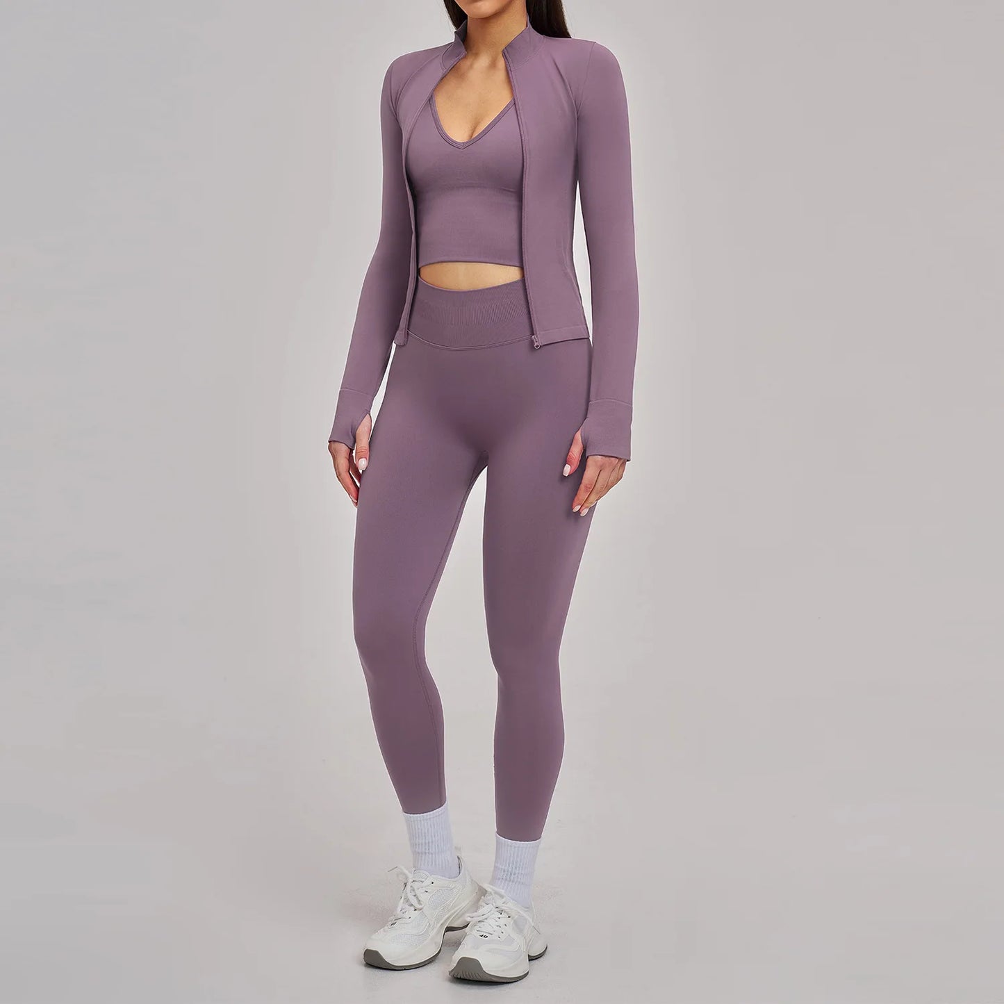 Seamless 3PCS Yoga Suit Sports Set Women Yoga Tracksuit Gym Running Workout Clothes Zipper Long Sleeve Sports Bra Athletic Wear