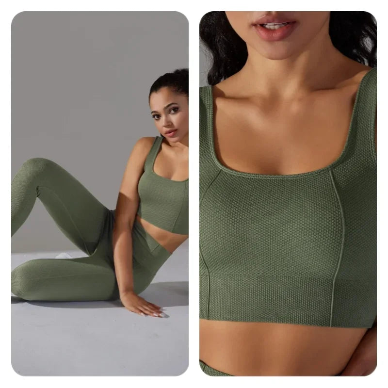 2 Piece Gym Outfits for Women Sporty Yoga Clothes Leggings with Seamless High Elasticity Crop Top Sports Bra Set MIML