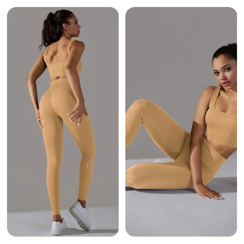 2 Piece Gym Outfits for Women Sporty Yoga Clothes Leggings with Seamless High Elasticity Crop Top Sports Bra Set MIML