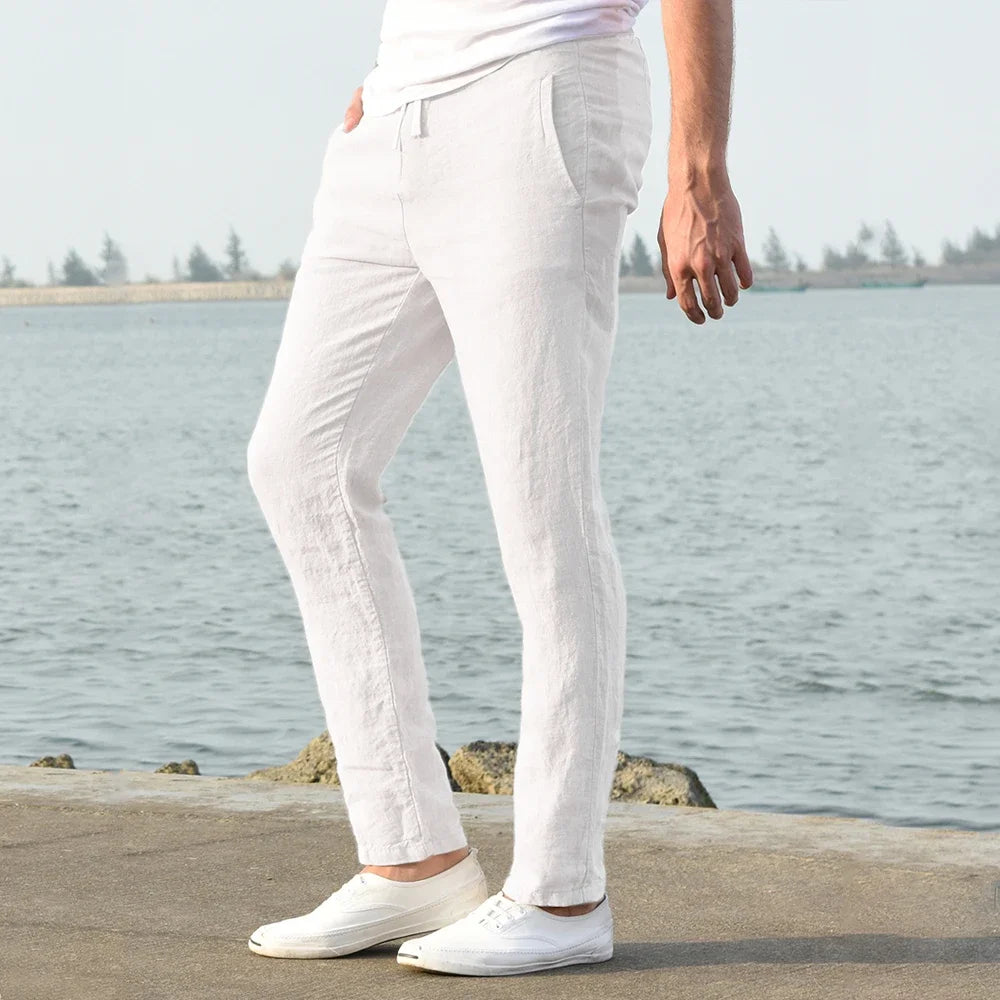 2025 Men Cotton Linen Casual Pants Baggy Streetwear Men Joggers Sports Trousers Solid Color Long Straight Trendy Pants for Men