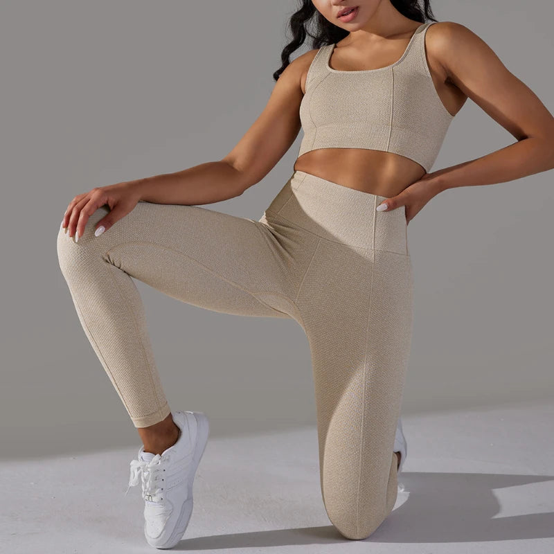 2 Piece Gym Outfits for Women Sporty Yoga Clothes Leggings with Seamless High Elasticity Crop Top Sports Bra Set MIML