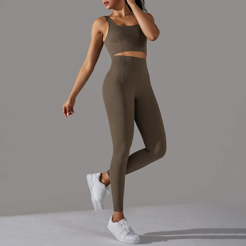 2 Piece Gym Outfits for Women Sporty Yoga Clothes Leggings with Seamless High Elasticity Crop Top Sports Bra Set MIML