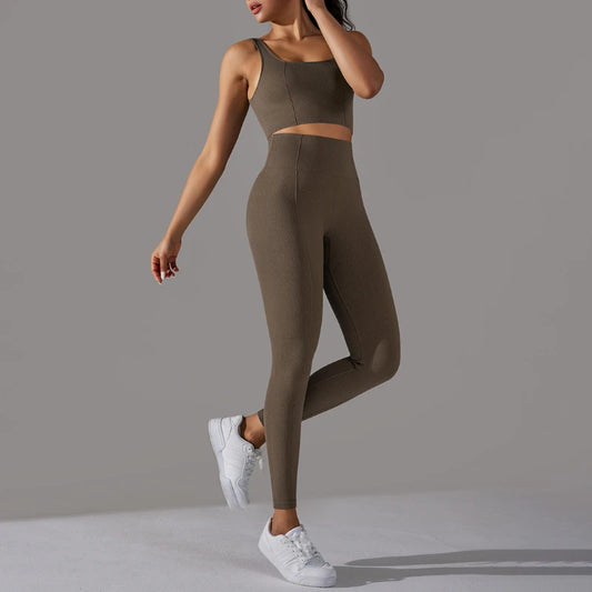 2 Piece Gym Outfits for Women Sporty Yoga Clothes Leggings with Seamless High Elasticity Crop Top Sports Bra Set MIML