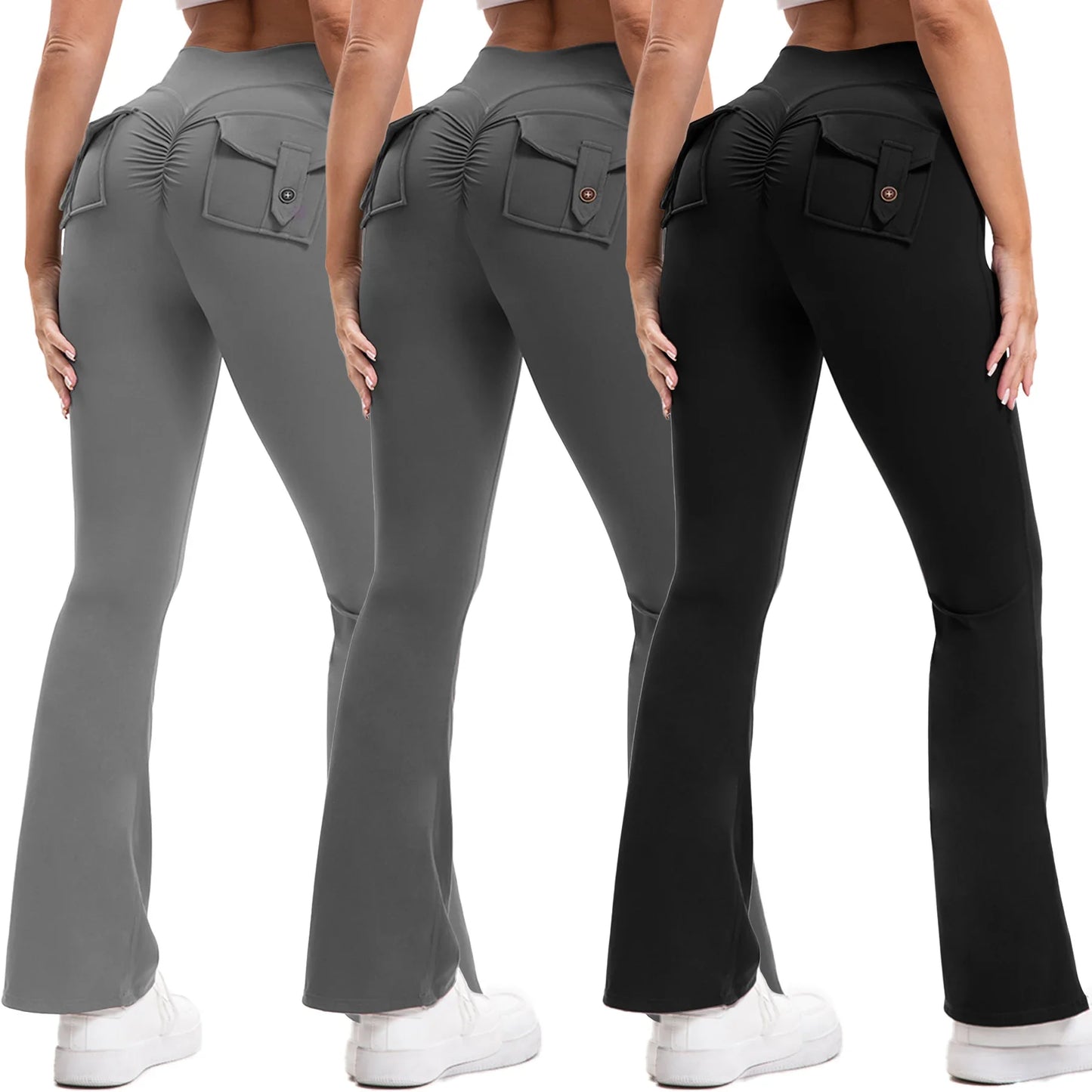 3pcs Curve Enhancing Yoga Pants Flared Bootcut High Waist Button Pockets Stretchy Breathable Workout Trousers Comfort Fit