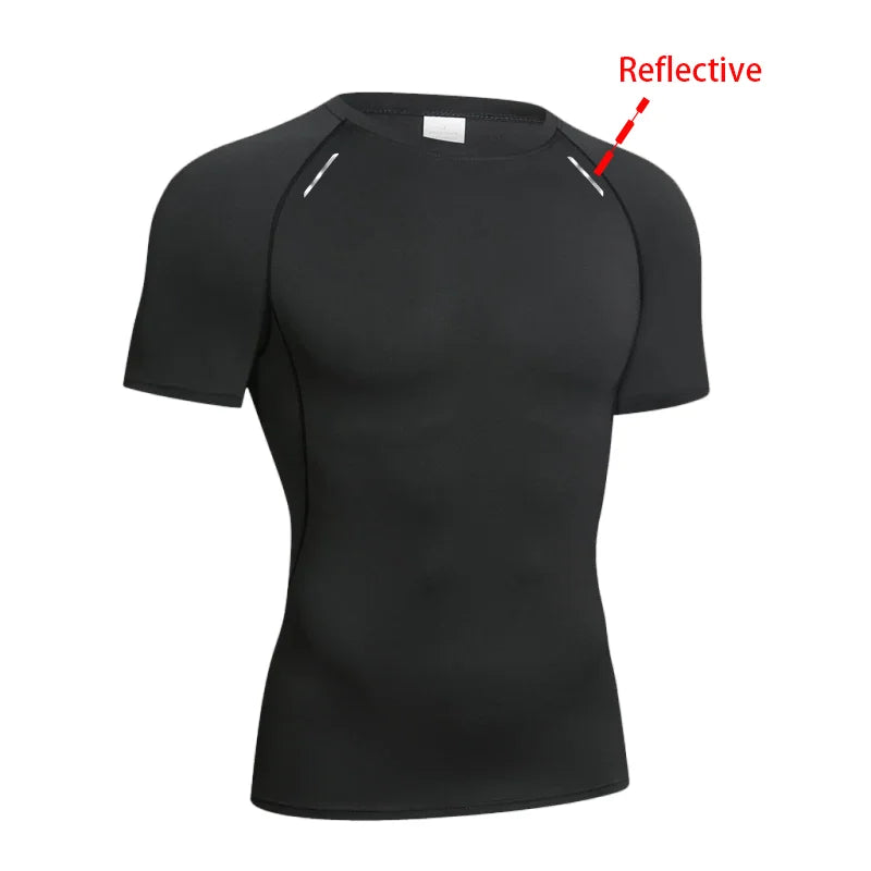 Men's Reflective Stripe Quick Dry Compression T-Shirt - Elastic Athletic Workout Top for Running, Gym, Fitness