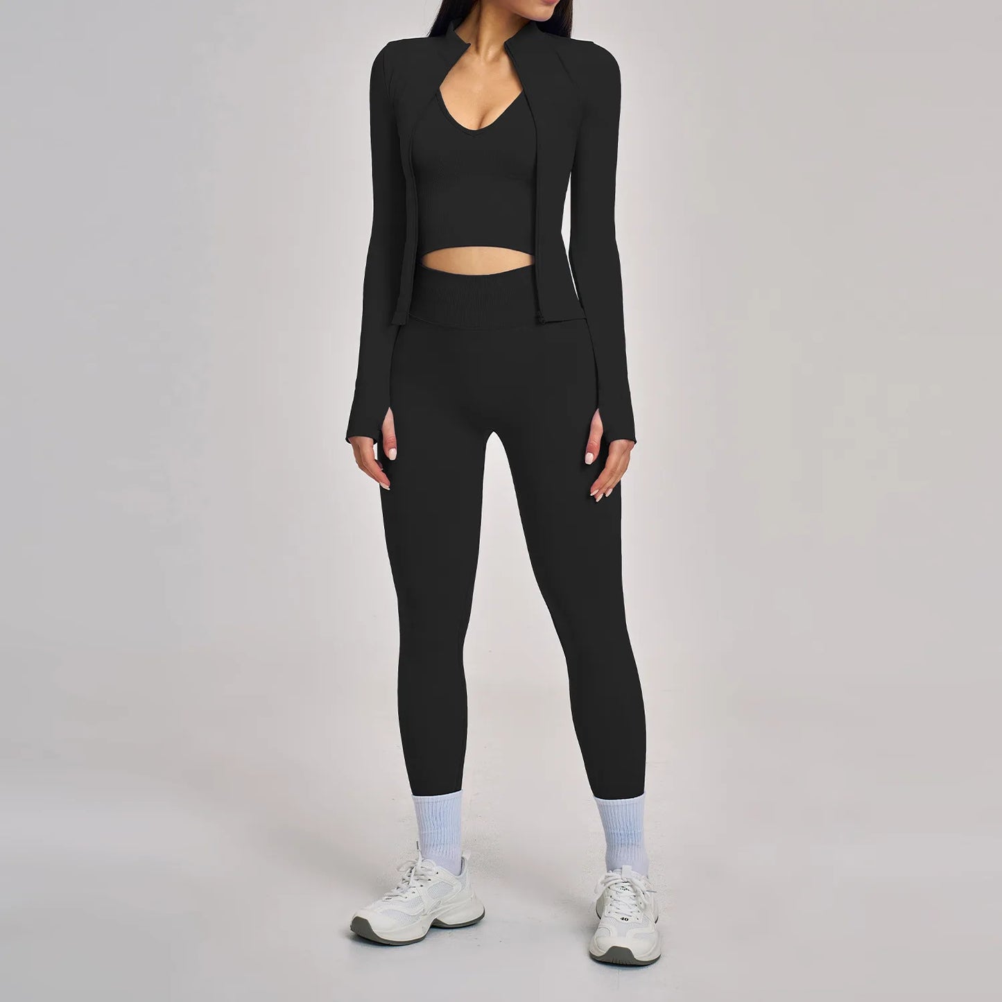 Seamless 3PCS Yoga Suit Sports Set Women Yoga Tracksuit Gym Running Workout Clothes Zipper Long Sleeve Sports Bra Athletic Wear