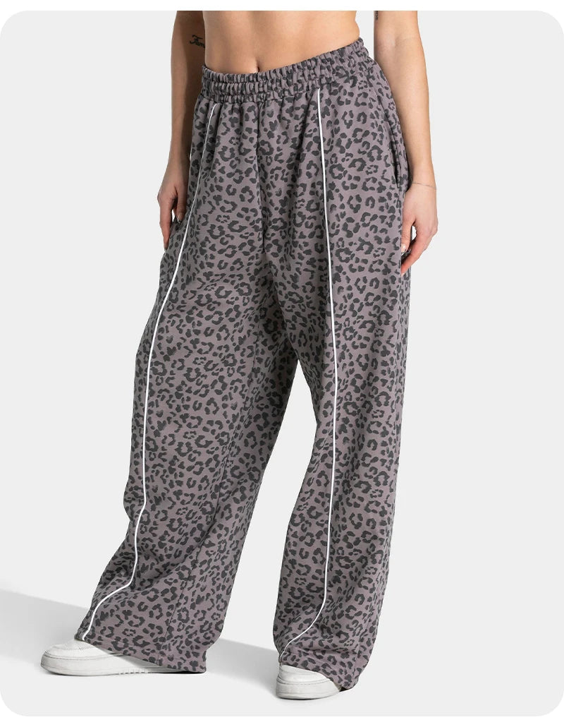 Women High Elastic Leopard Print Yoga Pants Loose Wide Leg Fitness Workout Pants Butt Lifting Slim Casual Sports Trousers