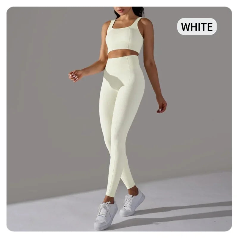 2 Piece Gym Outfits for Women Sporty Yoga Clothes Leggings with Seamless High Elasticity Crop Top Sports Bra Set MIML