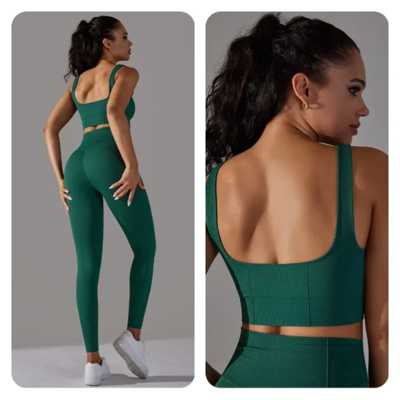 2 Piece Gym Outfits for Women Sporty Yoga Clothes Leggings with Seamless High Elasticity Crop Top Sports Bra Set MIML