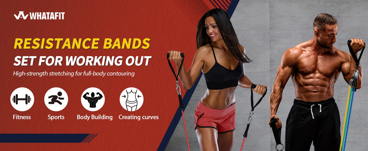 WHATAFIT Resistance Bands, Exercise Bands, Workout Bands with Handles, Door Anchor and Ankle Straps, 5 Resistance Levels Fitness Bands for Strength Training, Physical Therapy, and Home Gym Equipment