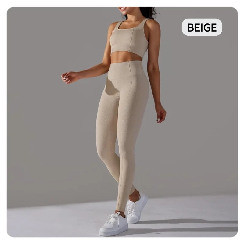 2 Piece Gym Outfits for Women Sporty Yoga Clothes Leggings with Seamless High Elasticity Crop Top Sports Bra Set MIML