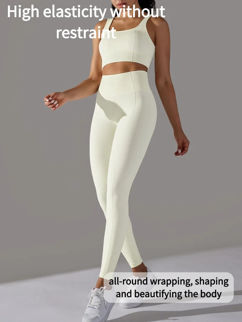 2 Piece Gym Outfits for Women Sporty Yoga Clothes Leggings with Seamless High Elasticity Crop Top Sports Bra Set MIML