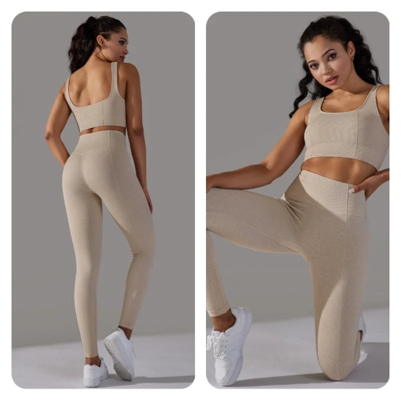 2 Piece Gym Outfits for Women Sporty Yoga Clothes Leggings with Seamless High Elasticity Crop Top Sports Bra Set MIML