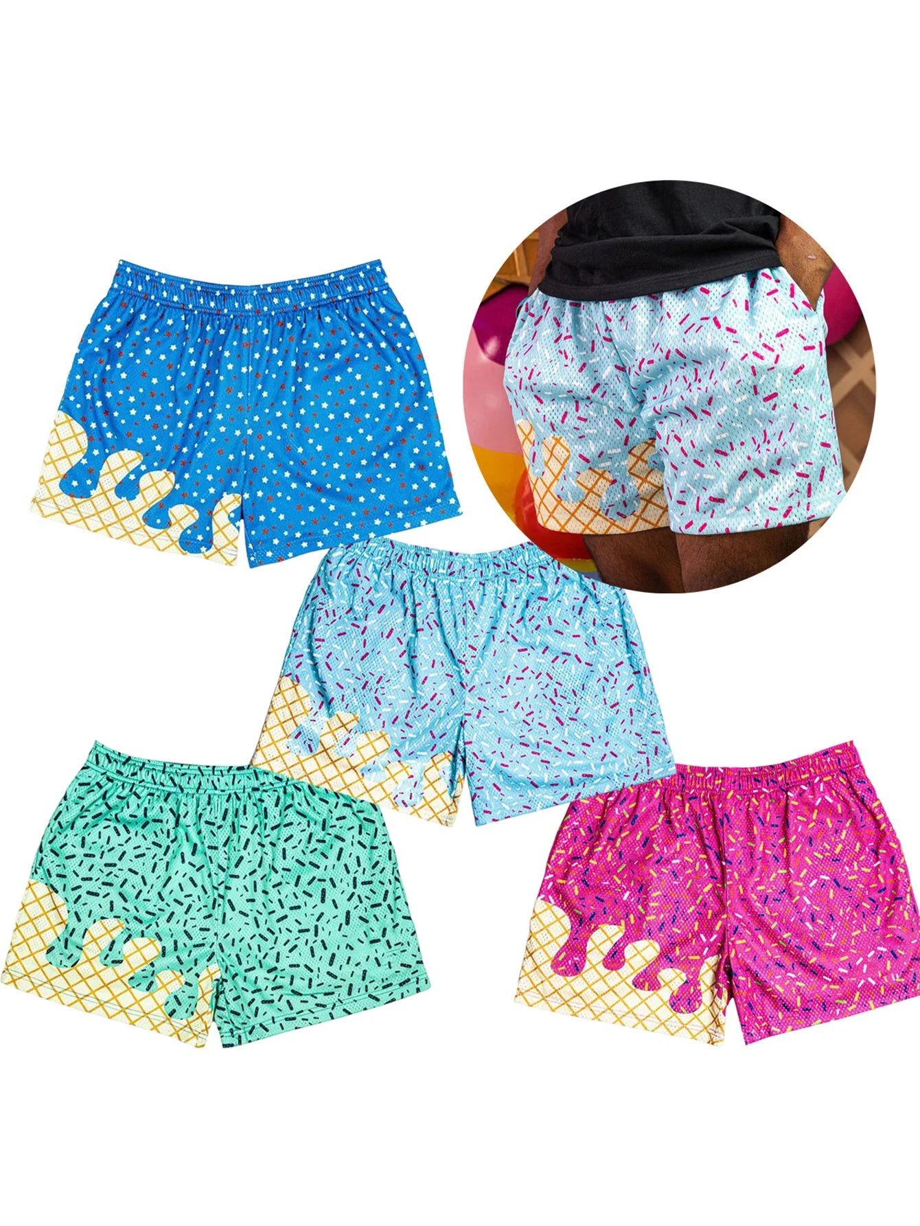 Men Ice Cream Printing Shorts Inseam Mesh Graphic Shorts Casual Workout Cool Shorts Gym Basketball Running Short