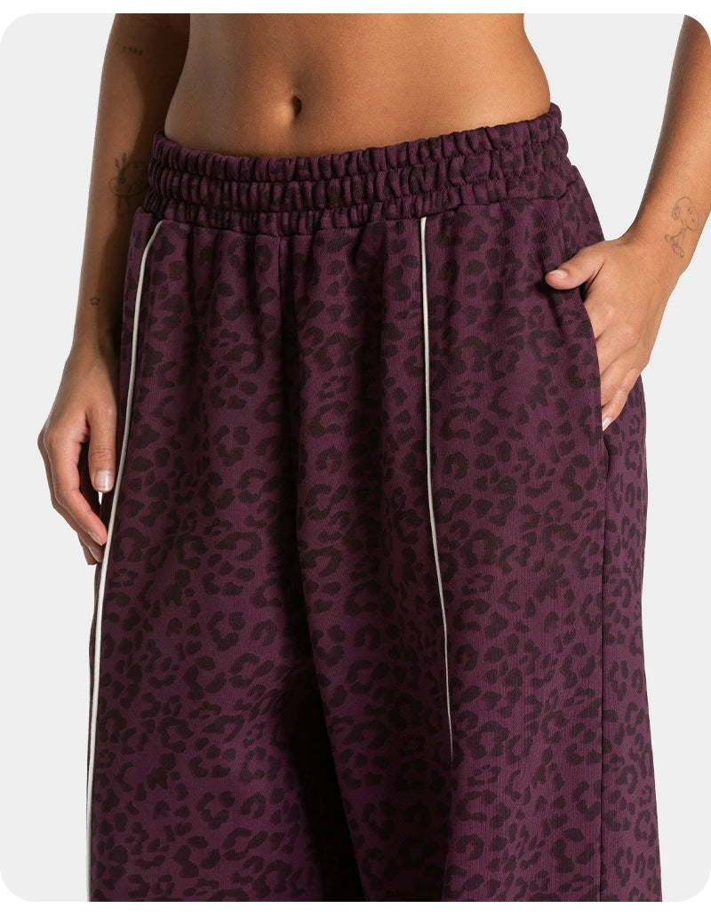 Women High Elastic Leopard Print Yoga Pants Loose Wide Leg Fitness Workout Pants Butt Lifting Slim Casual Sports Trousers