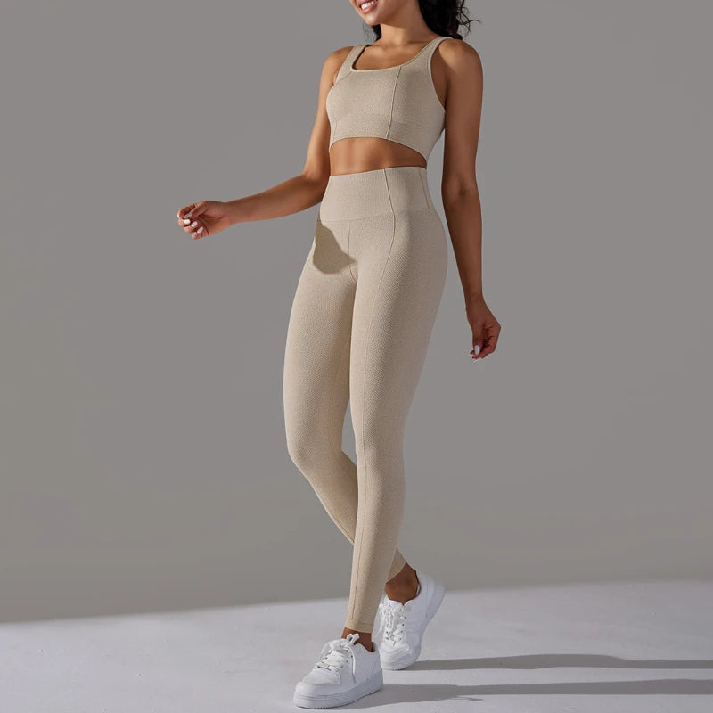 2 Piece Gym Outfits for Women Sporty Yoga Clothes Leggings with Seamless High Elasticity Crop Top Sports Bra Set MIML