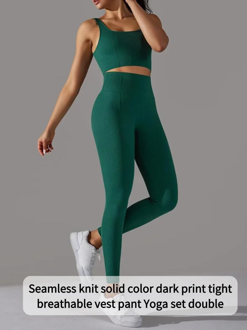 2 Piece Gym Outfits for Women Sporty Yoga Clothes Leggings with Seamless High Elasticity Crop Top Sports Bra Set MIML