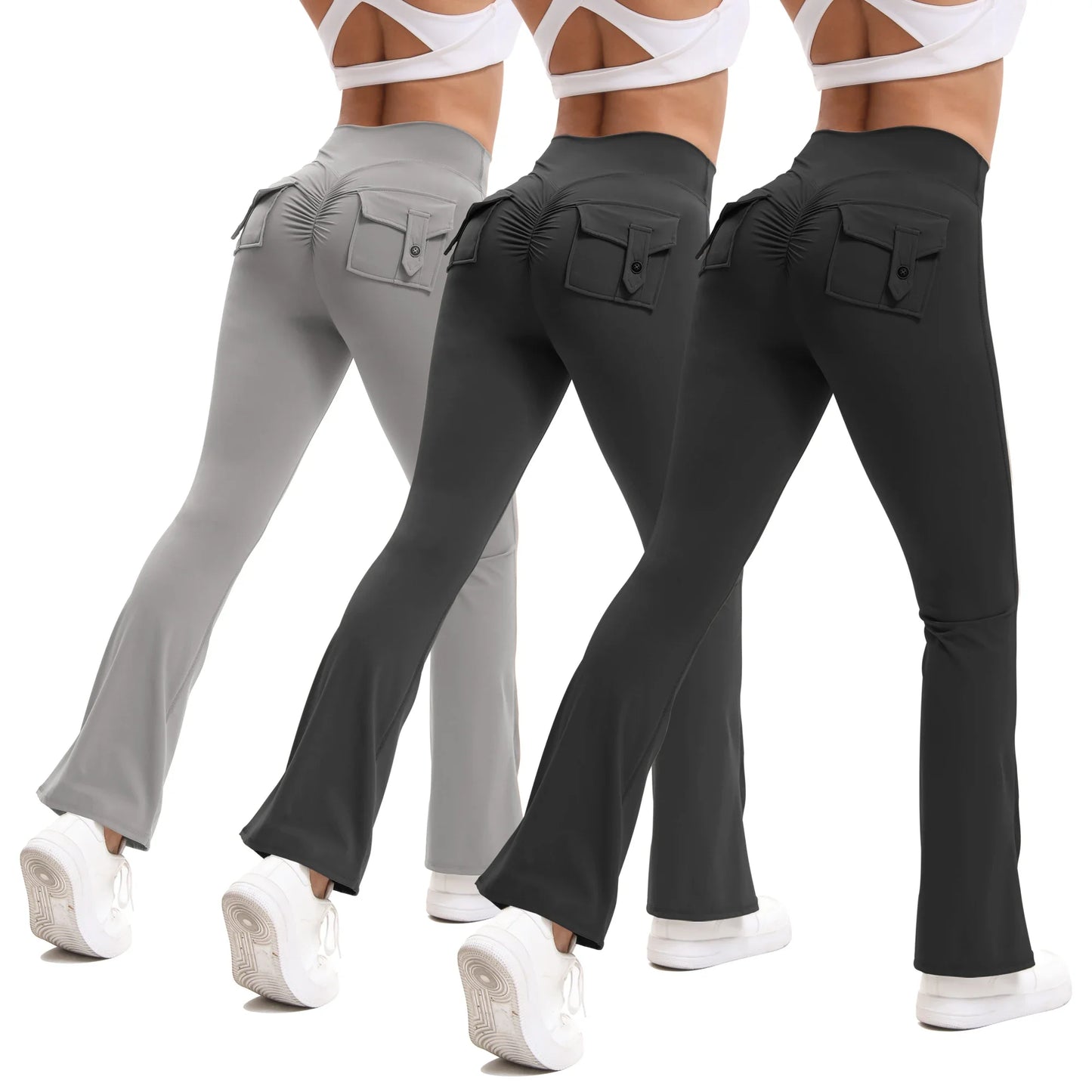 3pcs Curve Enhancing Yoga Pants Flared Bootcut High Waist Button Pockets Stretchy Breathable Workout Trousers Comfort Fit