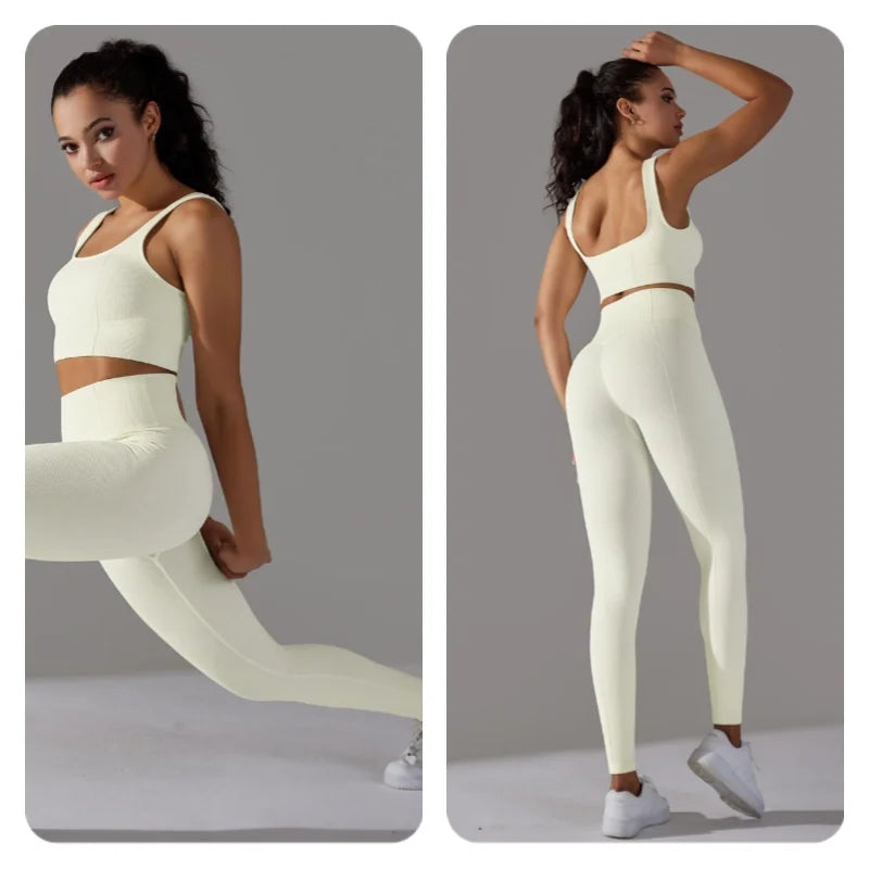 2 Piece Gym Outfits for Women Sporty Yoga Clothes Leggings with Seamless High Elasticity Crop Top Sports Bra Set MIML