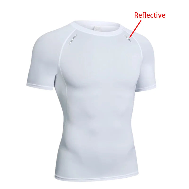 Men's Reflective Stripe Quick Dry Compression T-Shirt - Elastic Athletic Workout Top for Running, Gym, Fitness