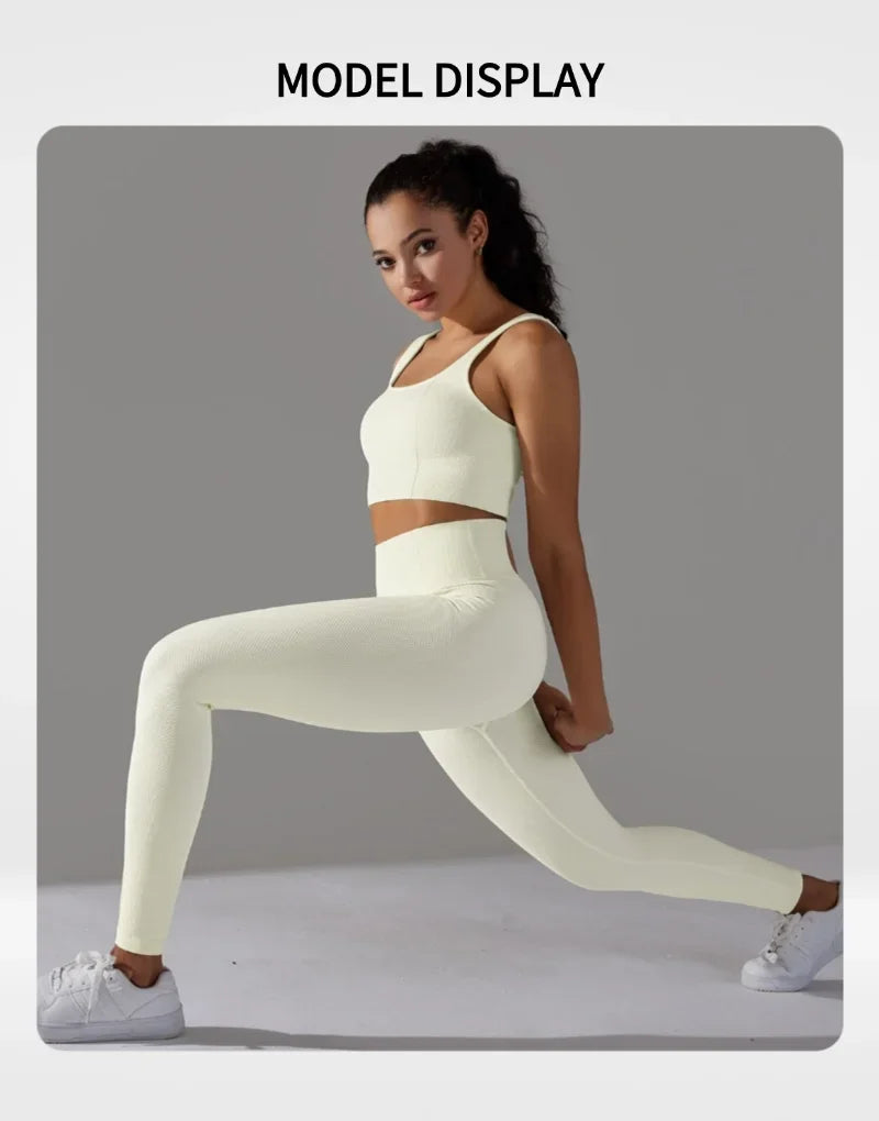 2 Piece Gym Outfits for Women Sporty Yoga Clothes Leggings with Seamless High Elasticity Crop Top Sports Bra Set MIML
