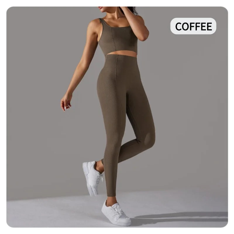 2 Piece Gym Outfits for Women Sporty Yoga Clothes Leggings with Seamless High Elasticity Crop Top Sports Bra Set MIML