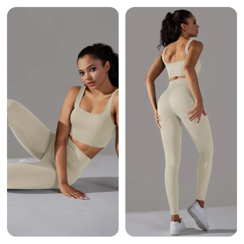 2 Piece Gym Outfits for Women Sporty Yoga Clothes Leggings with Seamless High Elasticity Crop Top Sports Bra Set MIML