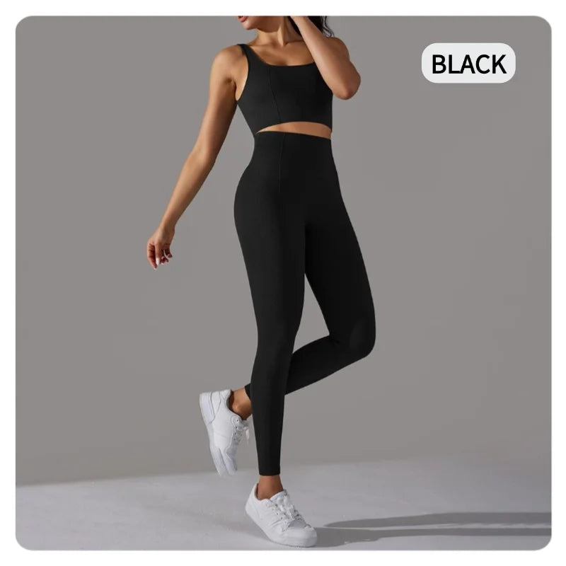 2 Piece Gym Outfits for Women Sporty Yoga Clothes Leggings with Seamless High Elasticity Crop Top Sports Bra Set MIML