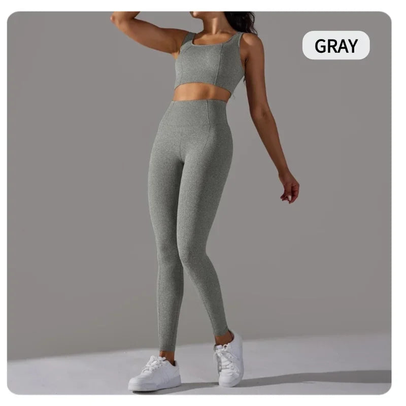 2 Piece Gym Outfits for Women Sporty Yoga Clothes Leggings with Seamless High Elasticity Crop Top Sports Bra Set MIML