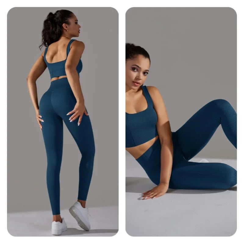 2 Piece Gym Outfits for Women Sporty Yoga Clothes Leggings with Seamless High Elasticity Crop Top Sports Bra Set MIML