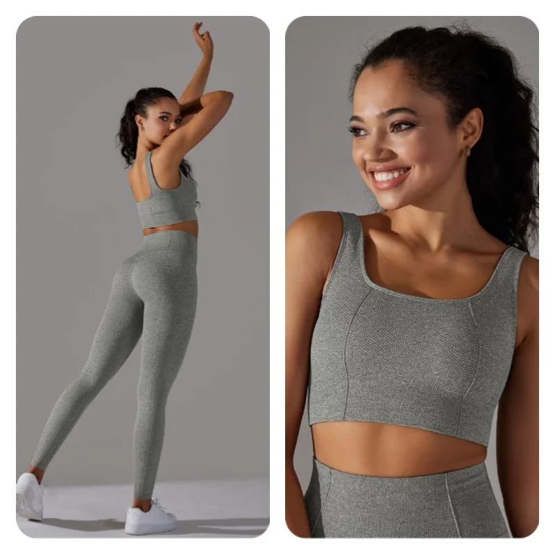 2 Piece Gym Outfits for Women Sporty Yoga Clothes Leggings with Seamless High Elasticity Crop Top Sports Bra Set MIML